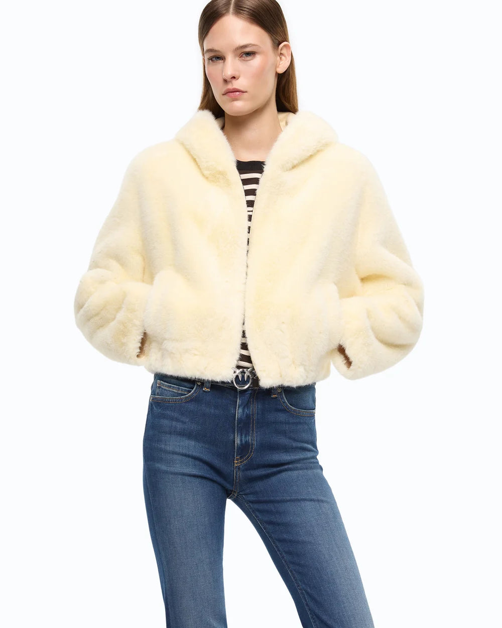 Ivory faux fur cropped jacket with a hood