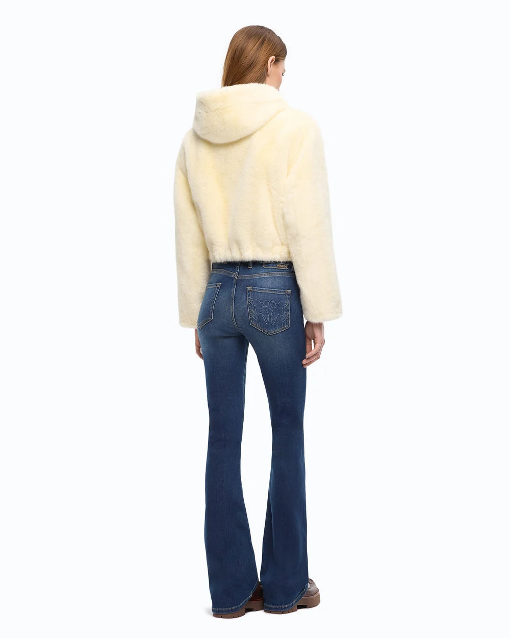 Ivory faux fur cropped jacket with a hood
