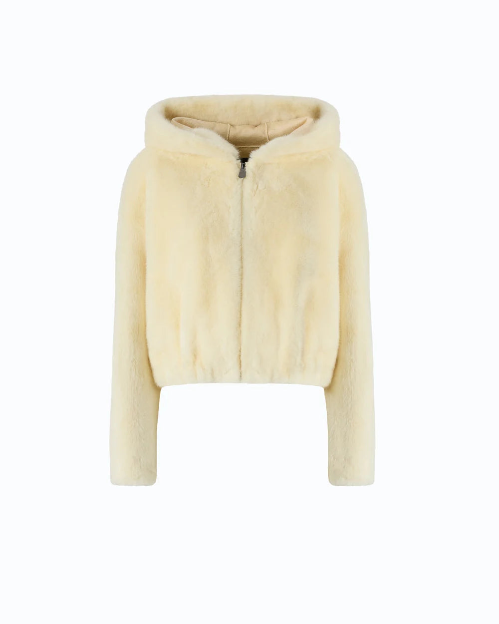 Ivory faux fur cropped jacket with a hood