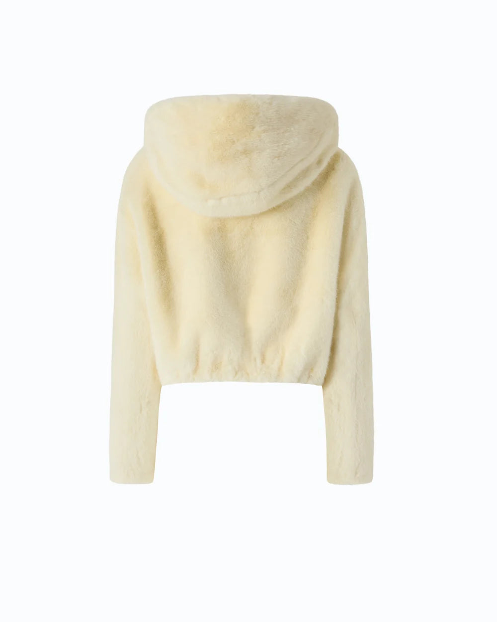 Ivory faux fur cropped jacket with a hood