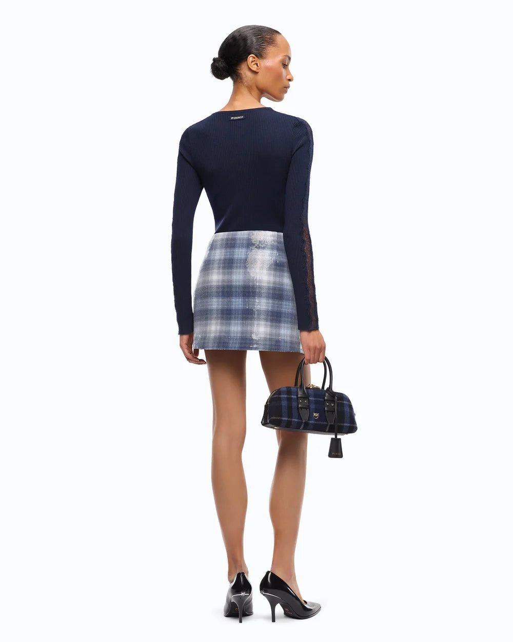 Blue check pattern pleated sequin mini skirt