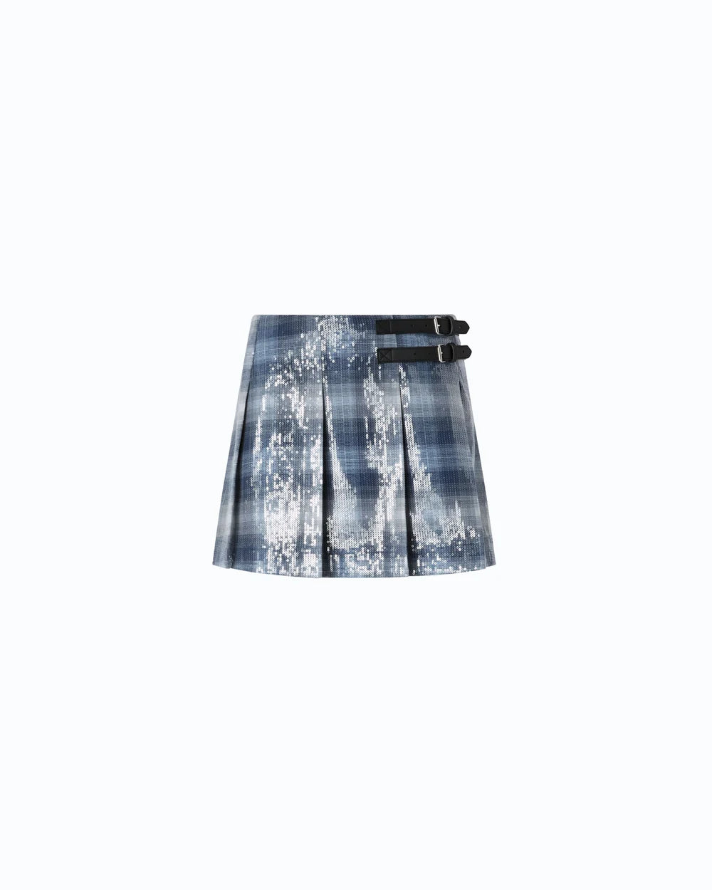 Blue check pattern pleated sequin mini skirt
