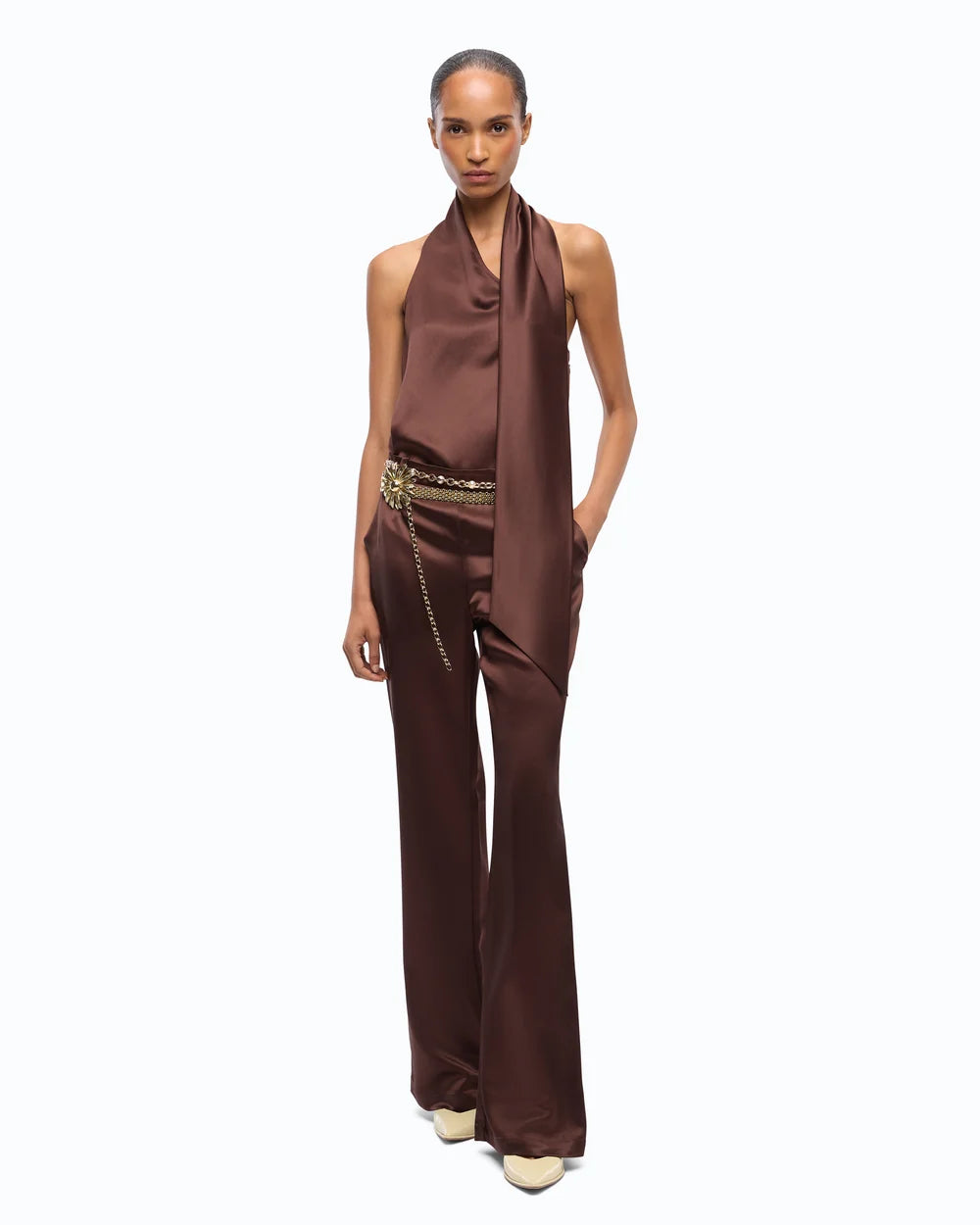 Chocolate satin jumpsuit with sash