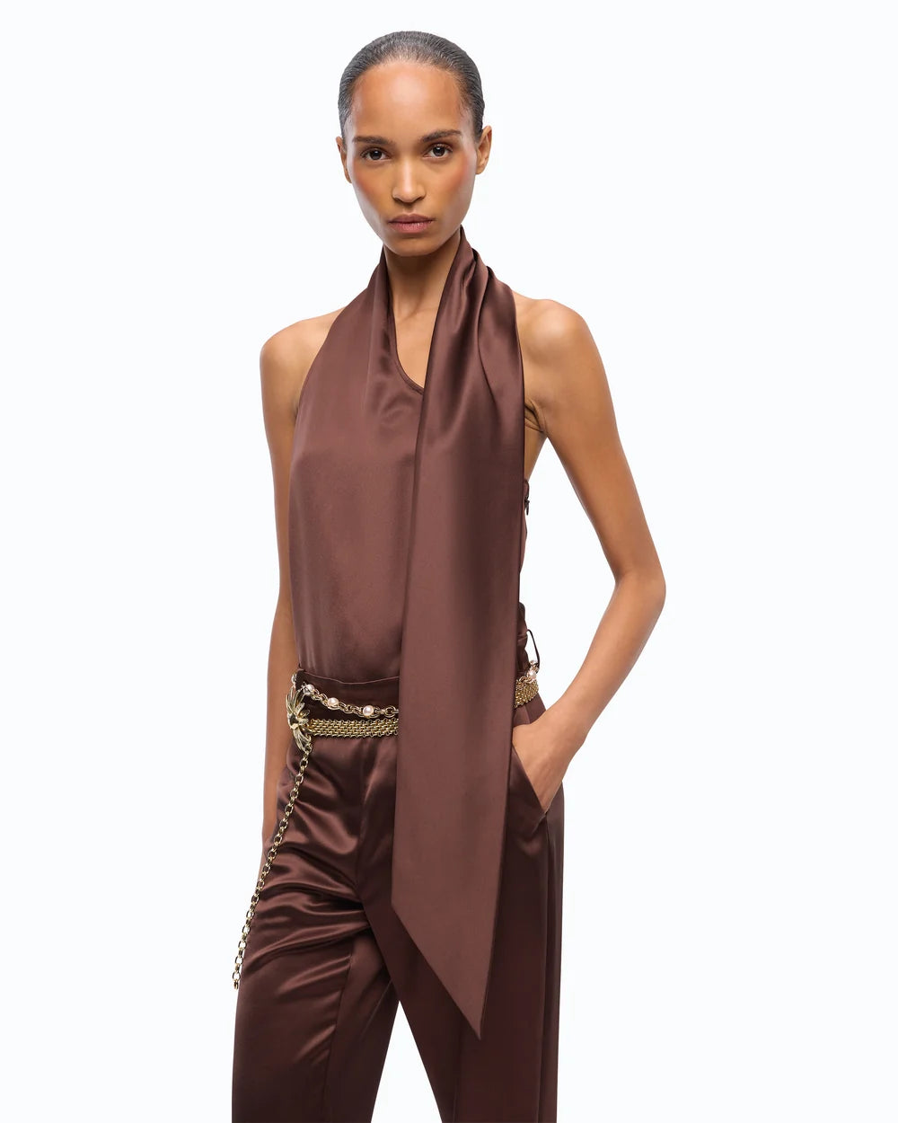 Chocolate satin jumpsuit with sash