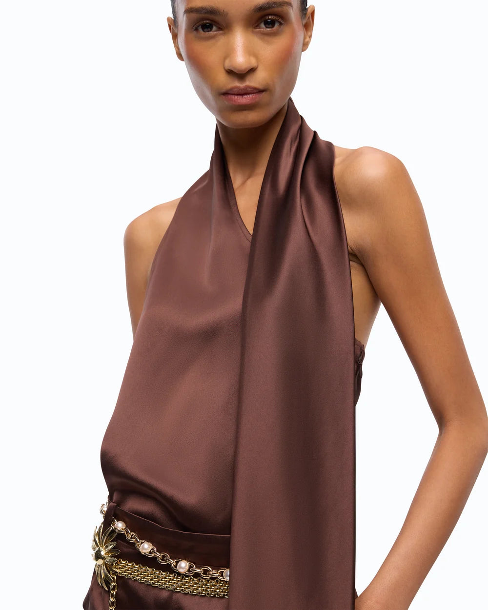 Chocolate satin jumpsuit with sash