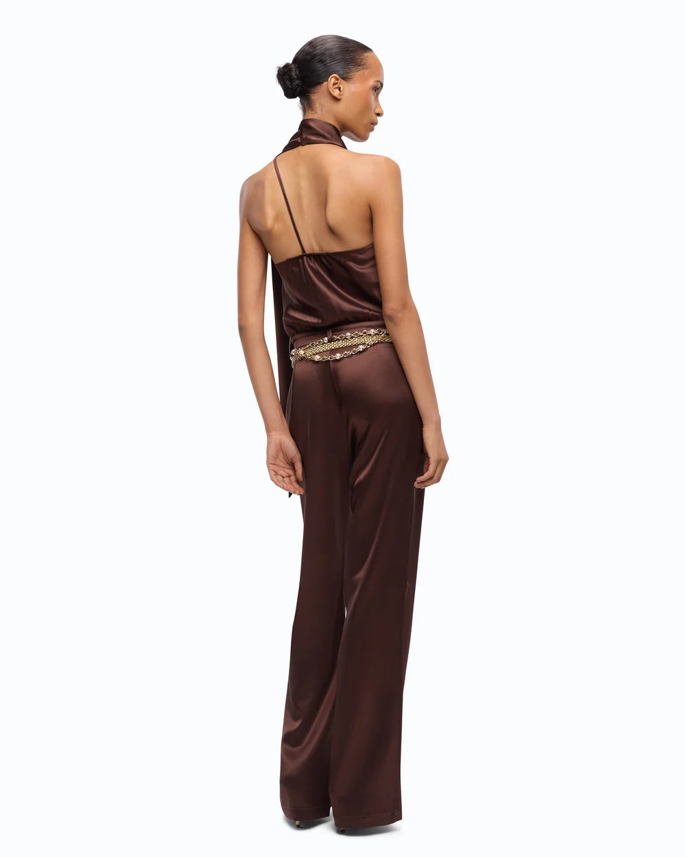 Chocolate satin jumpsuit with sash