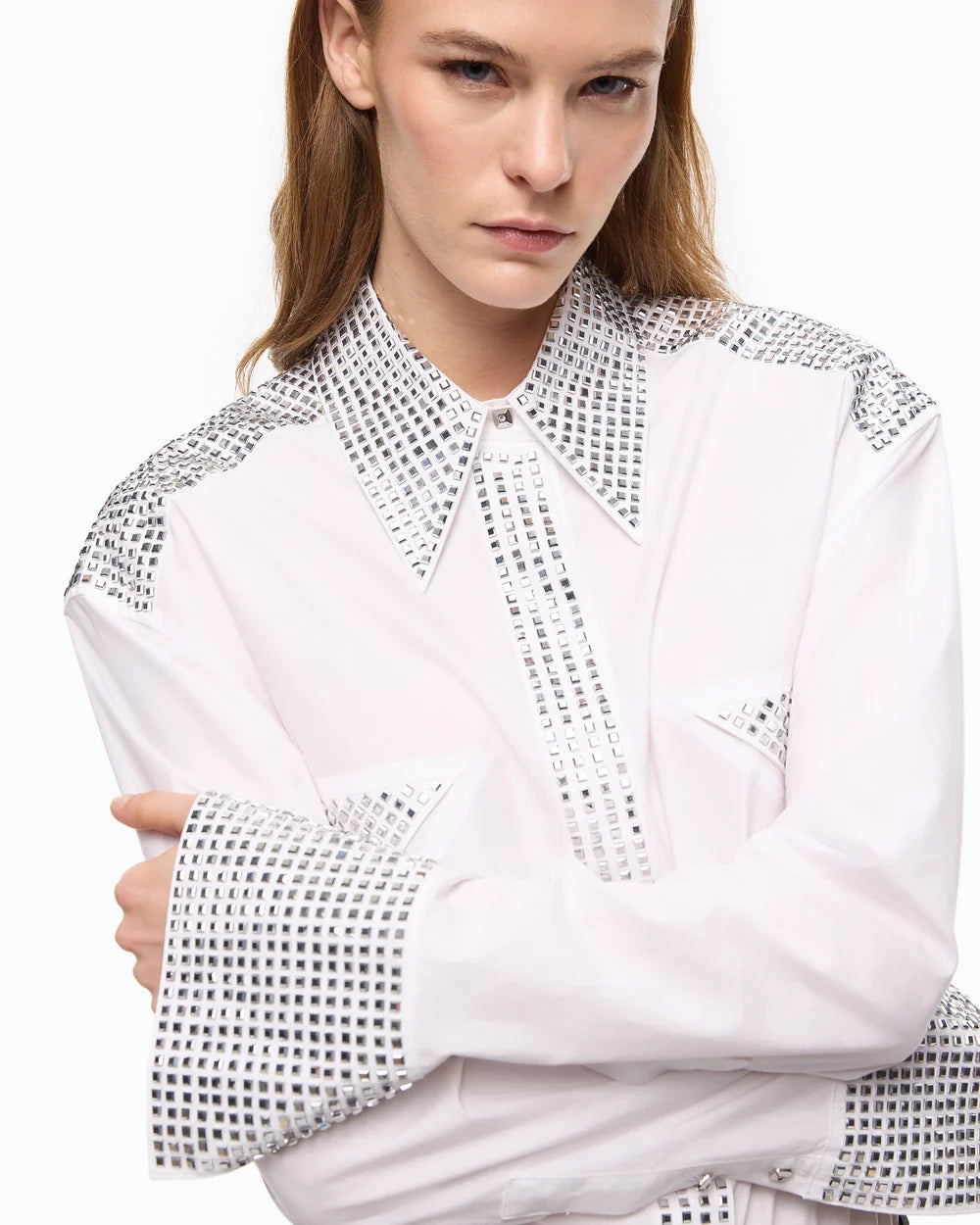 White cotton poplin shirt with gromets