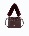 Burgundy bucket bag with chain and fur straps