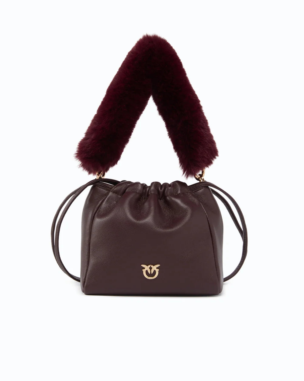 Burgundy bucket bag with chain and fur straps