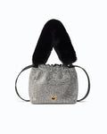 Black rhinestone bucket shoulder bag with chain and fur straps