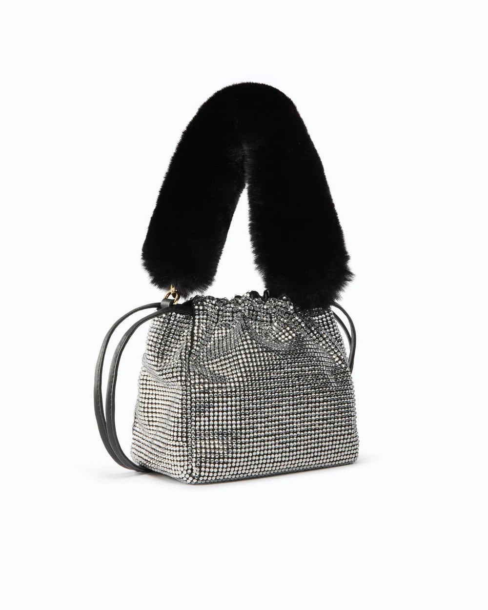 Black rhinestone bucket shoulder bag with chain and fur straps