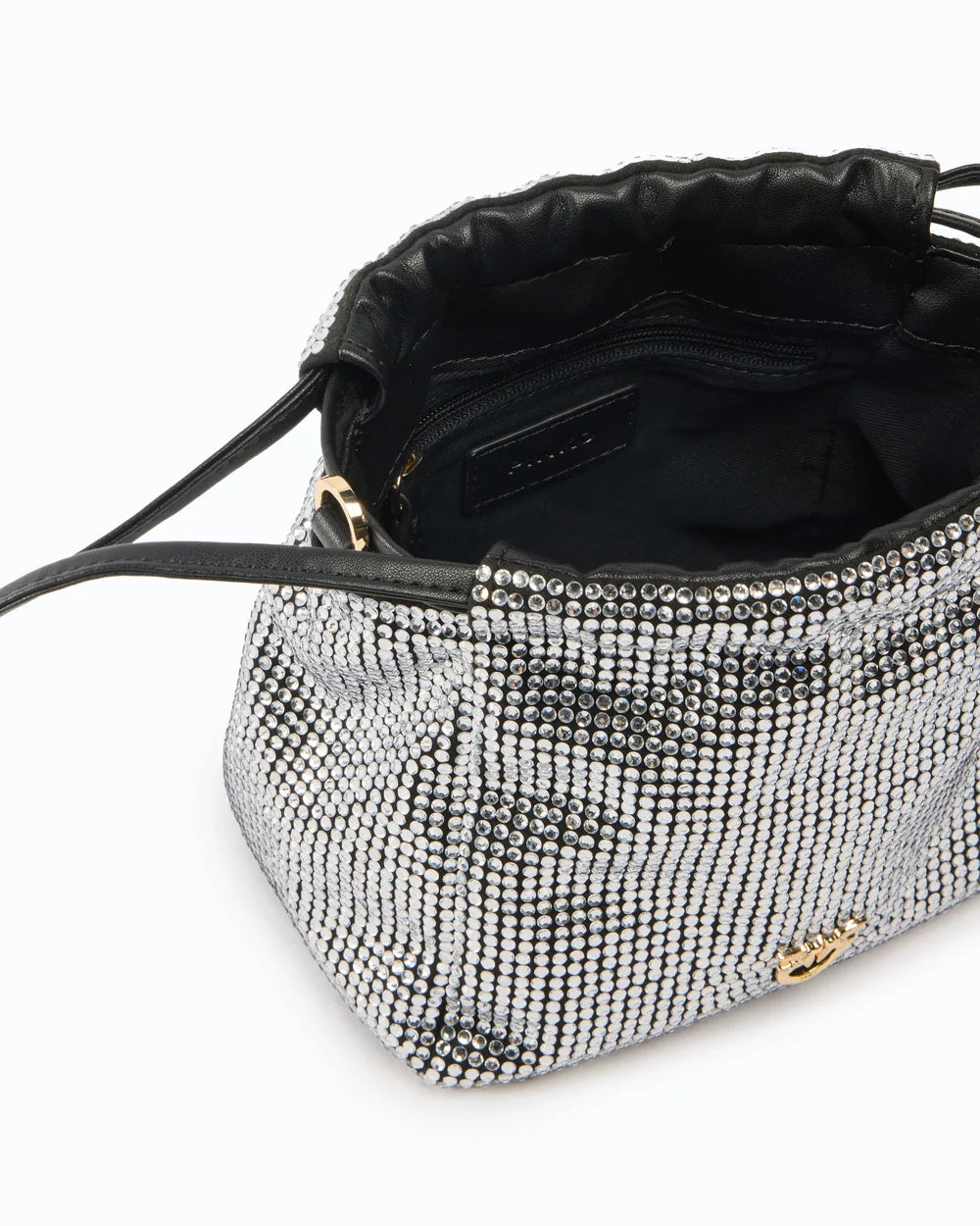 Black rhinestone bucket shoulder bag with chain and fur straps