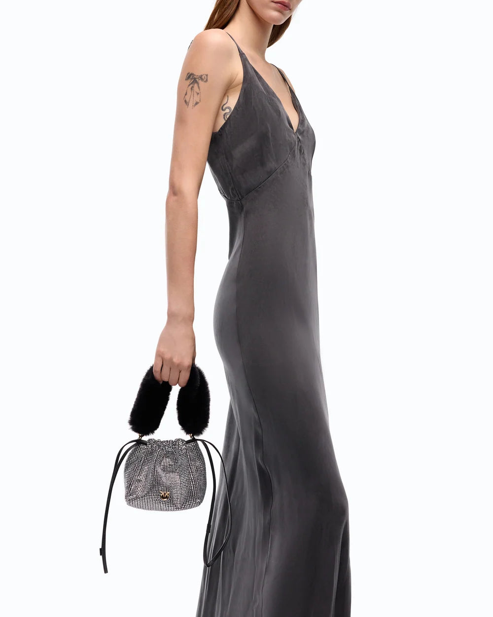 Black rhinestone bucket shoulder bag with chain and fur straps