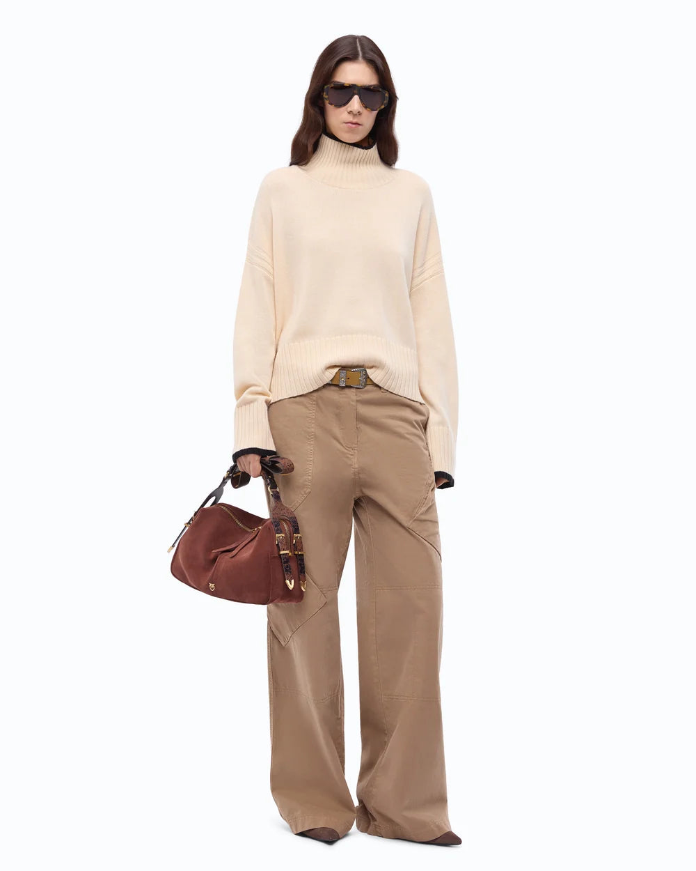 Camel cargo pants with asymmetric pockets