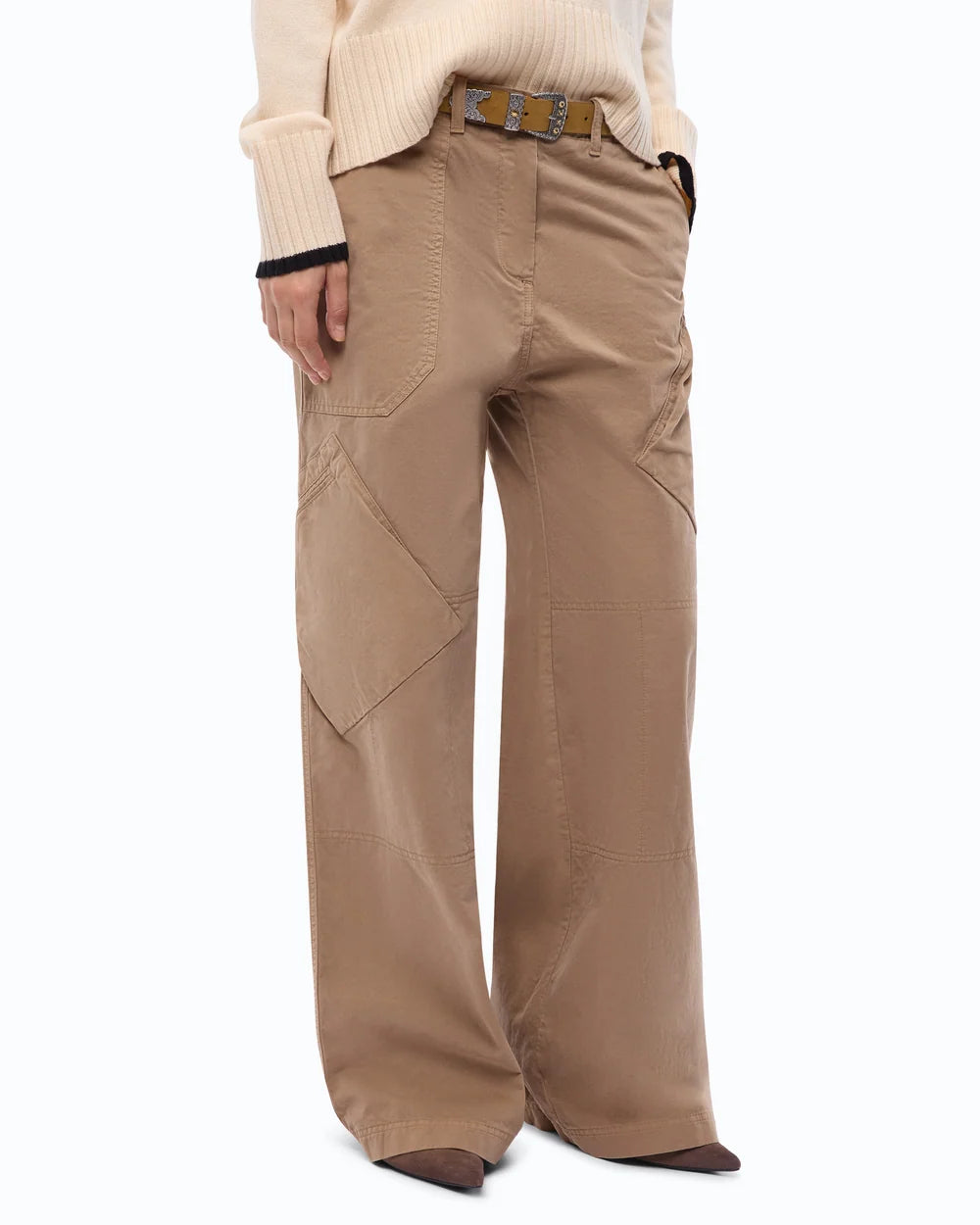 Camel cargo pants with asymmetric pockets