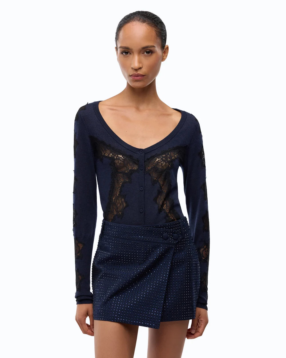 Navy cardigan with lace inserts and round neck