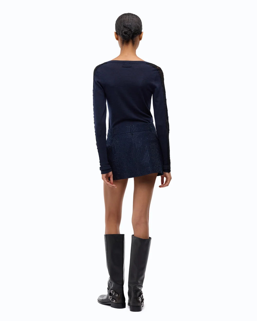 Navy cardigan with lace inserts and round neck