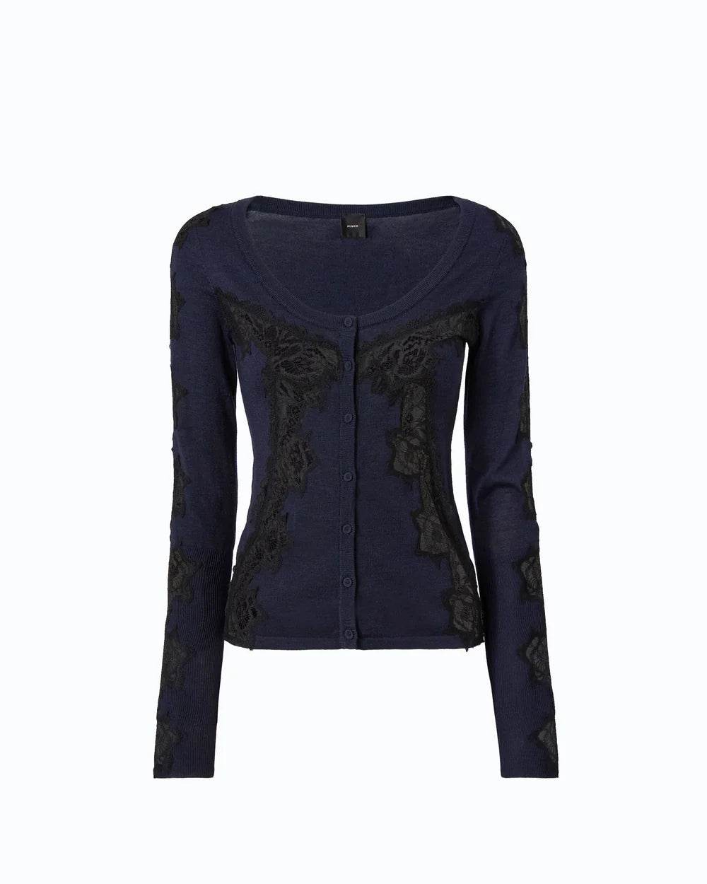 Navy cardigan with lace inserts and round neck