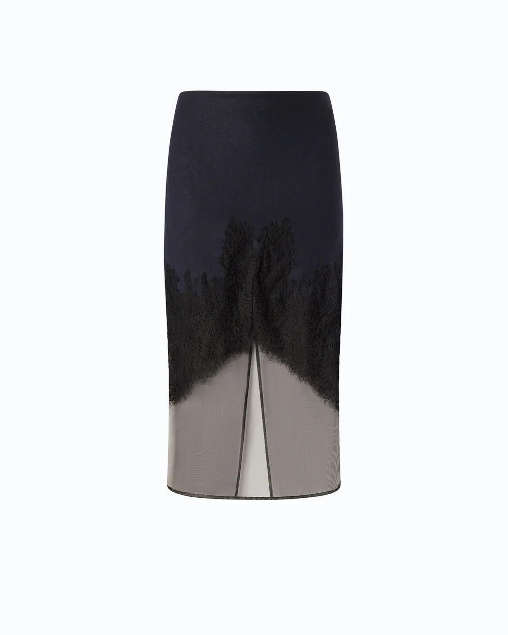 Navy pencil skirt with black lace