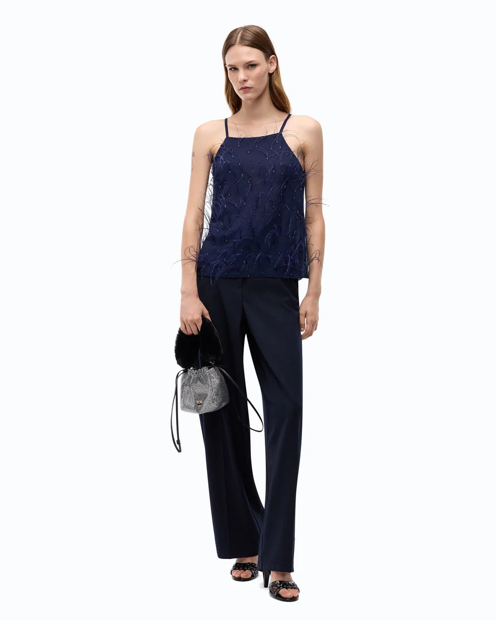 Navy halterneck top with feathers