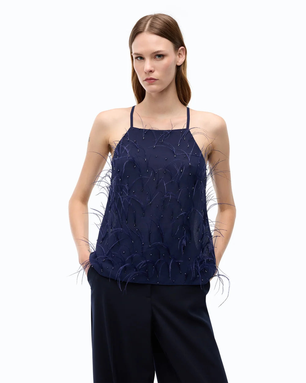 Navy halterneck top with feathers