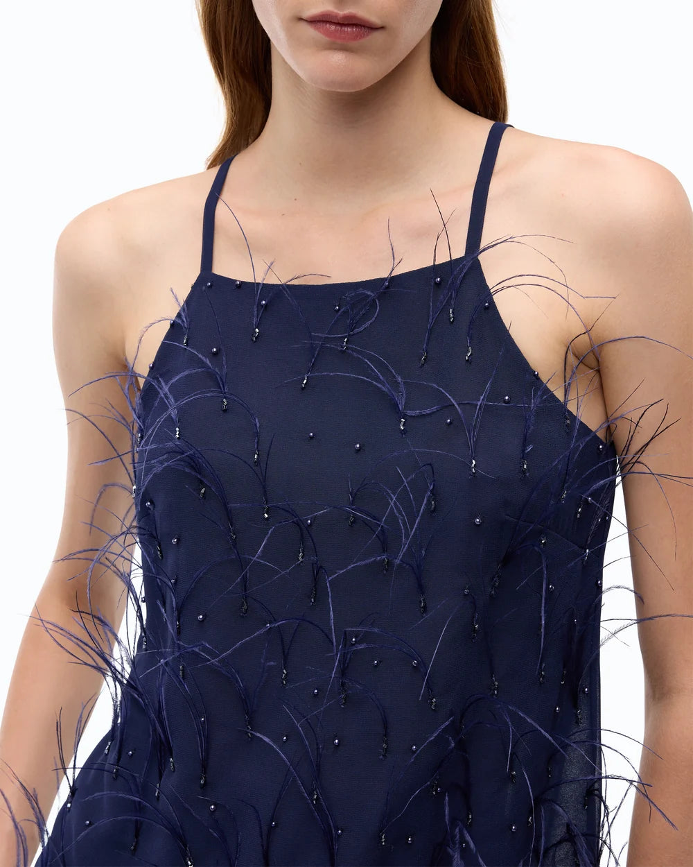 Navy halterneck top with feathers