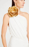 White One Shouldered Mini Dress With Drape And Rose Details