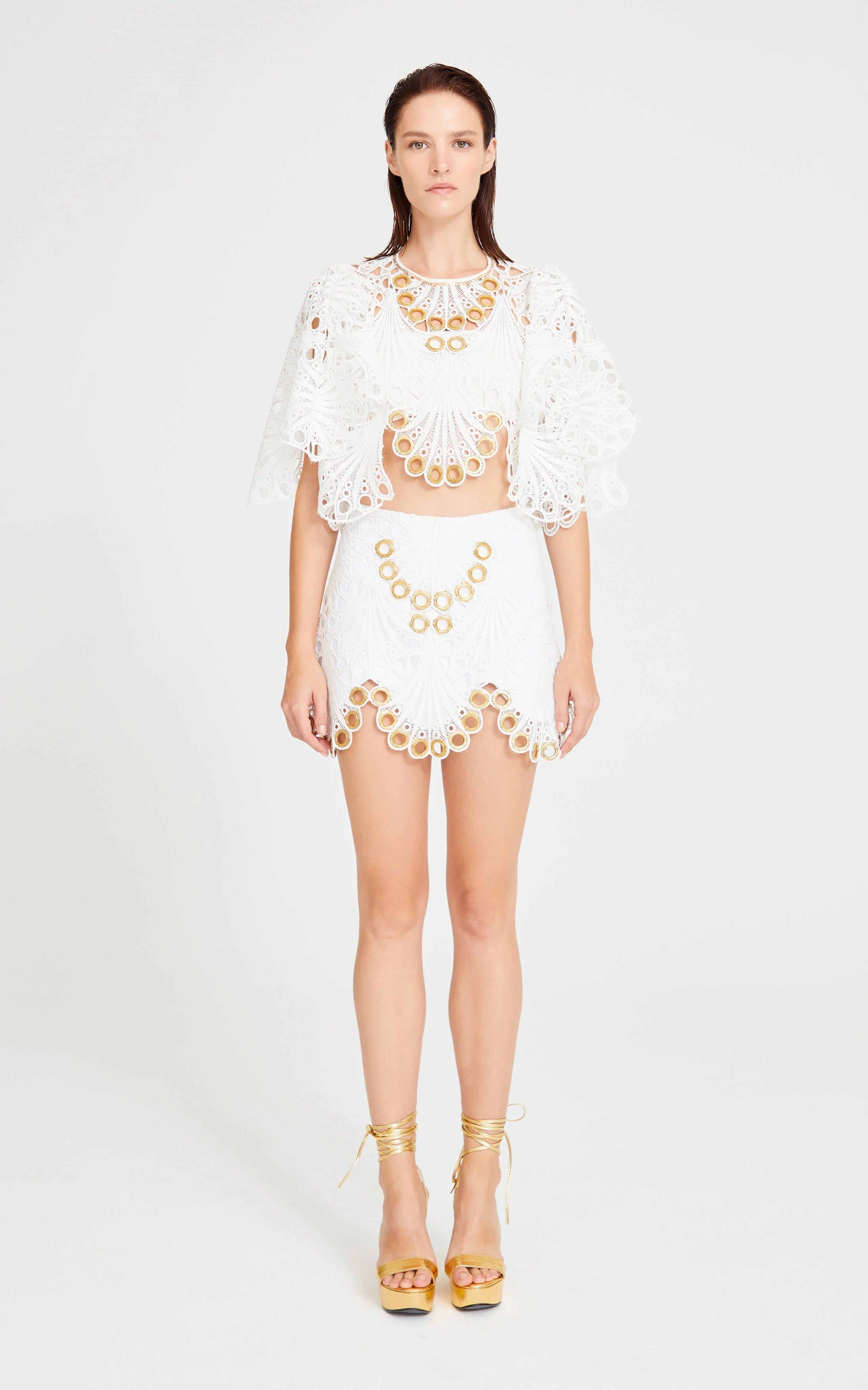 White Lace Mini Skirt With Gold Eyelet Details