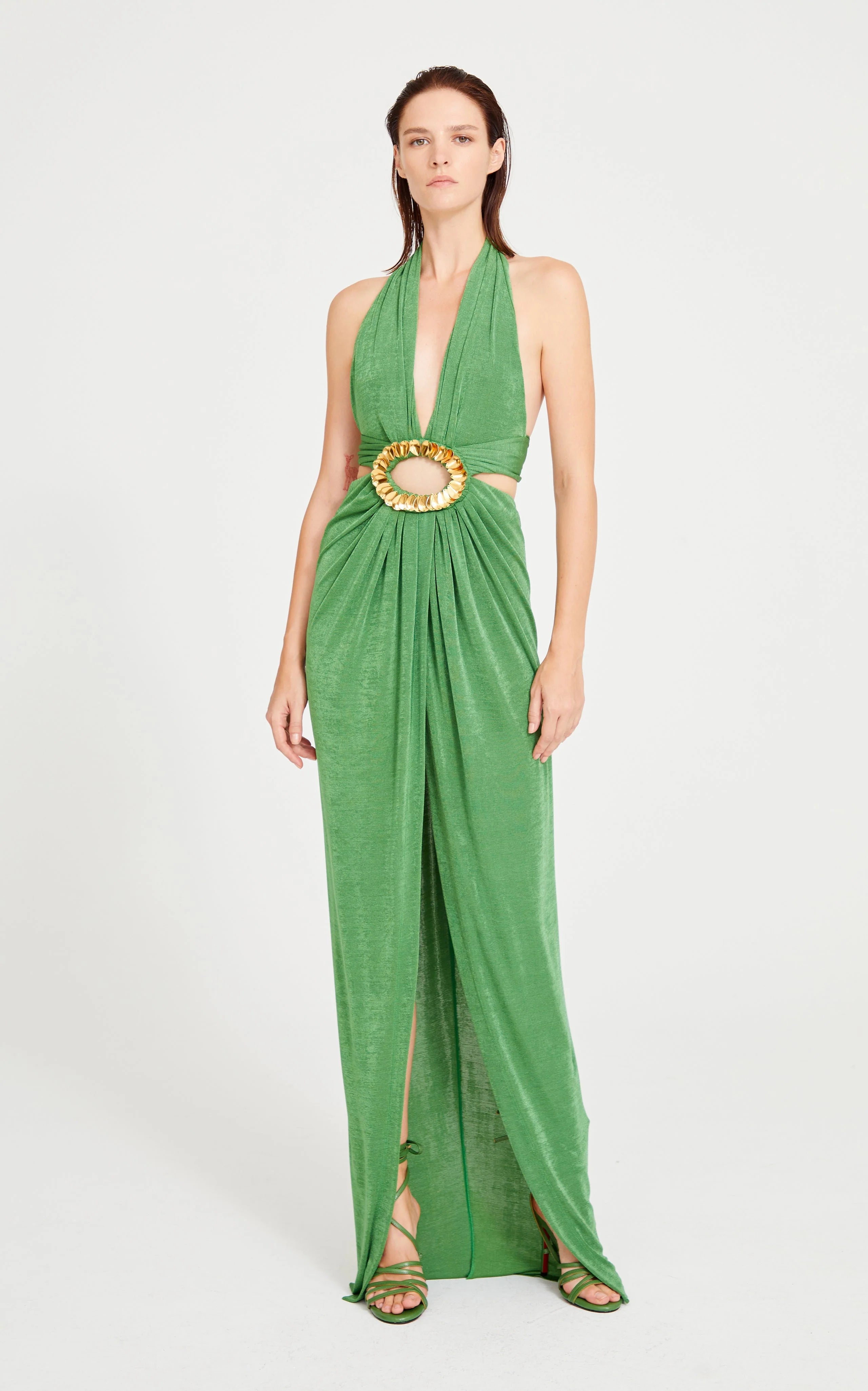 Green Halter Neck Maxi Dress With Cut Out And Gold Sequin Details