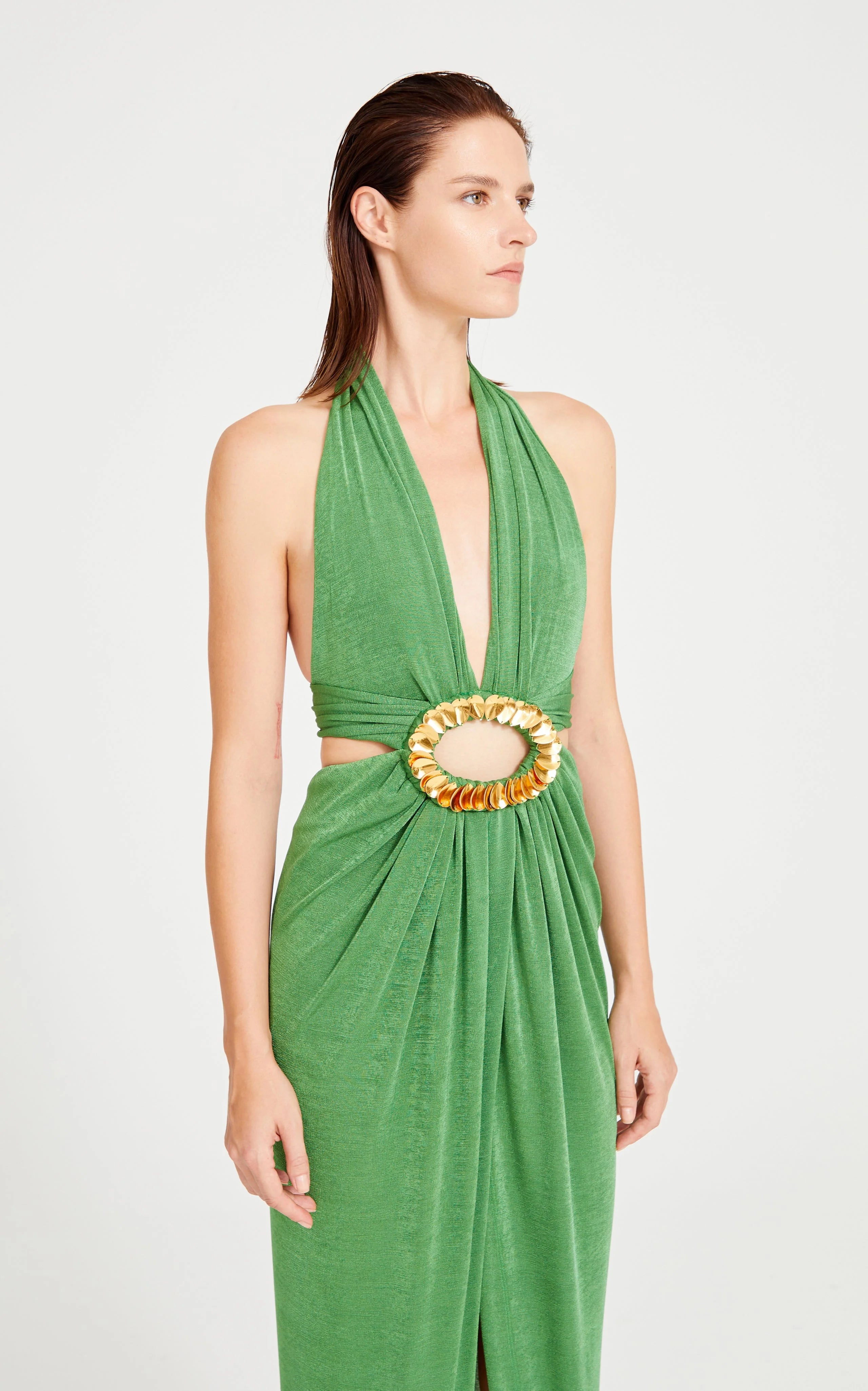 Green Halter Neck Maxi Dress With Cut Out And Gold Sequin Details