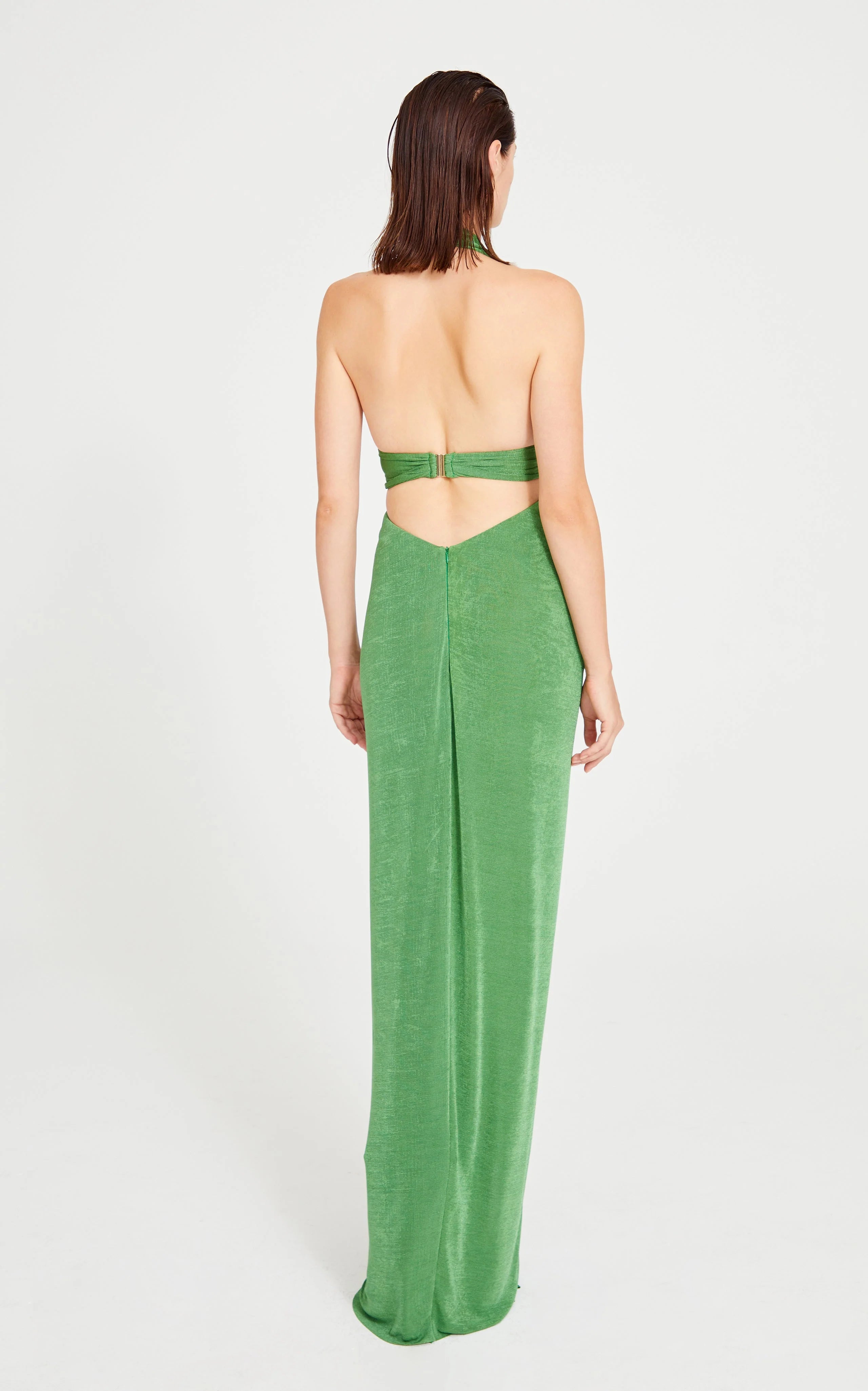 Green Halter Neck Maxi Dress With Cut Out And Gold Sequin Details BU Club Green Halter Neck Maxi Dress With Cut Out And Gold Sequin Details BU Club