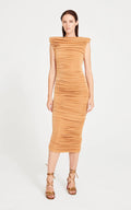 Green Midi Dress With Padded Shoulders And Drape Details