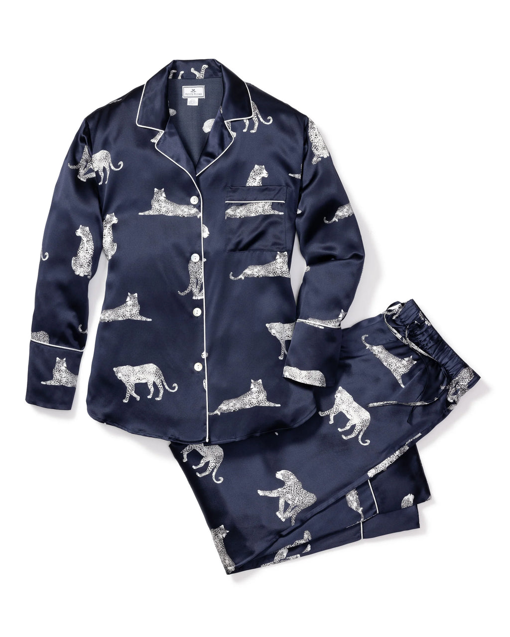 Navy silk long pajama set in Panthere de Nuit