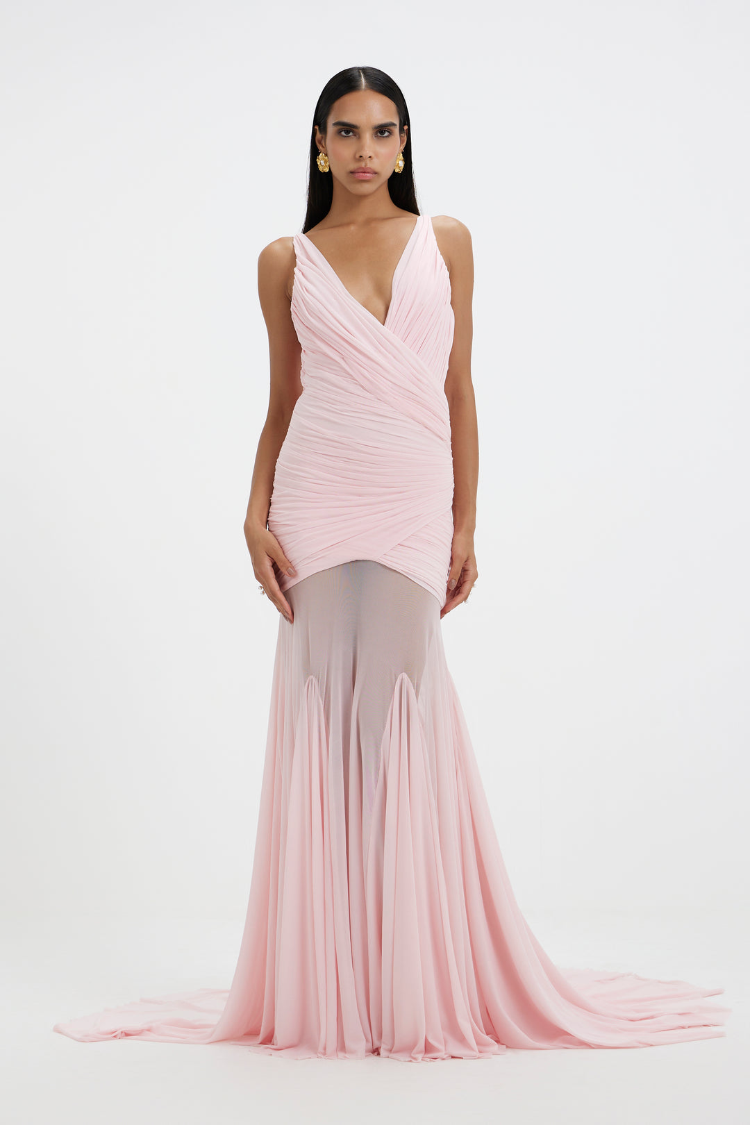 Pink rushed bodice v-neck long gown