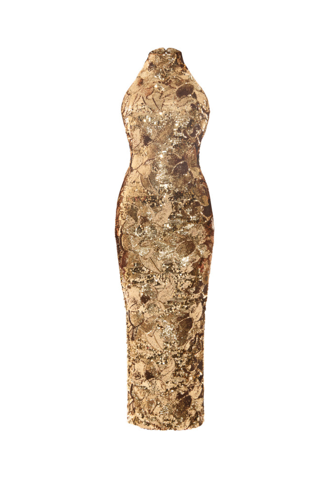 Gold halter Florentine Sunset long dress