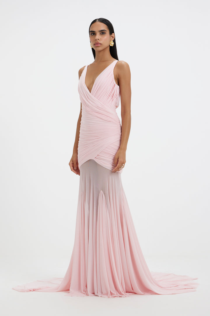 Pink rushed bodice v-neck long gown