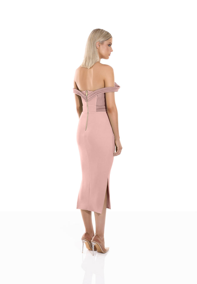 Blush off shoulder midi dress