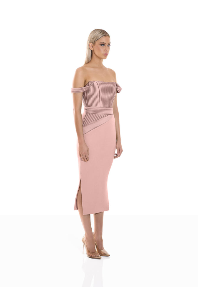 Blush off shoulder midi dress