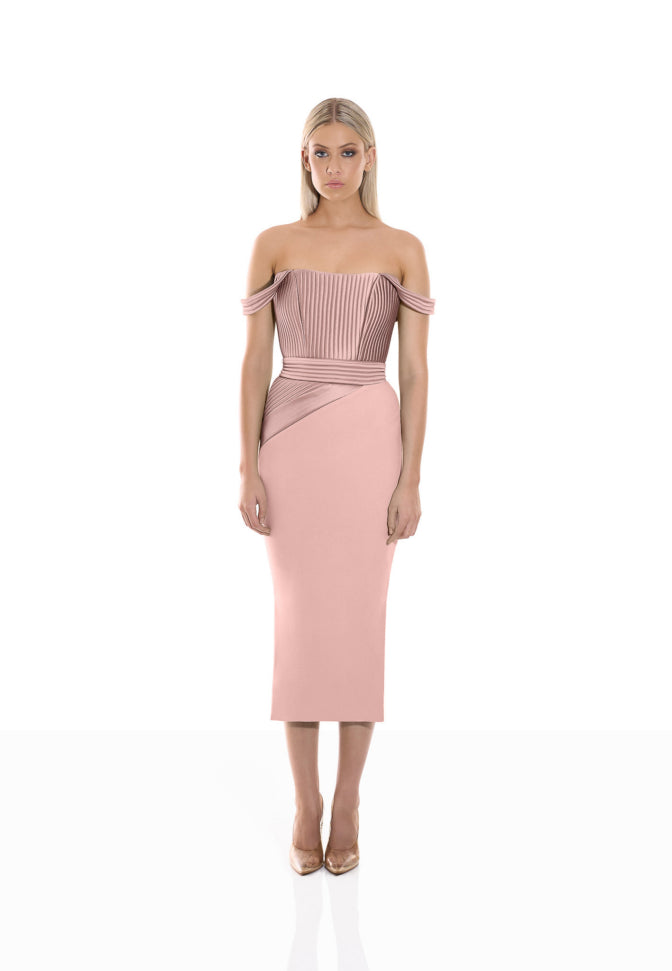 Blush off shoulder midi dress