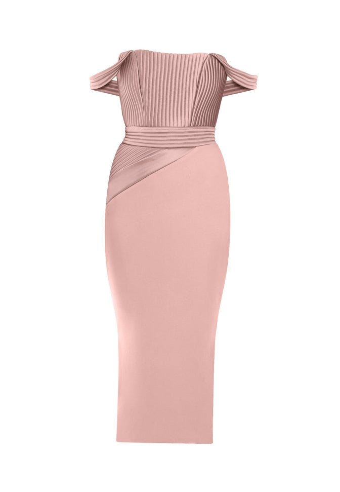 Blush off shoulder midi dress