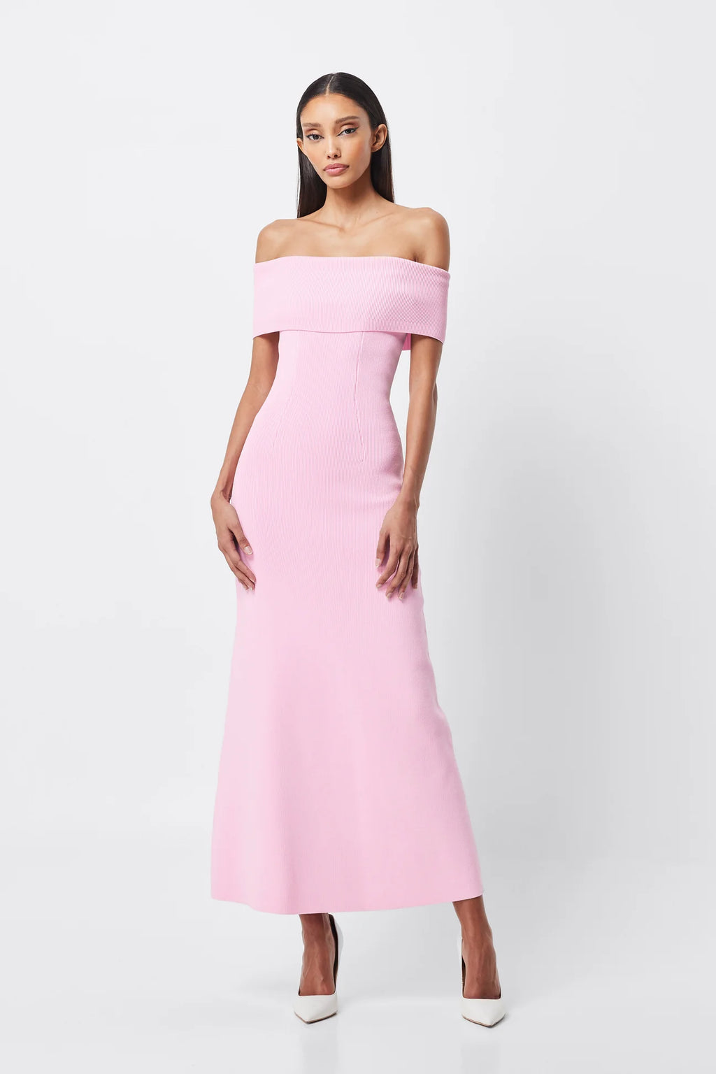 Pink rib knit off shoulder midi Dress