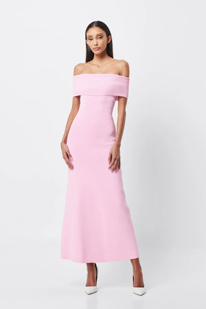 Pink rib knit off shoulder midi Dress