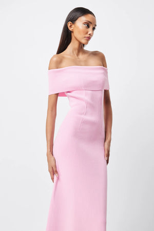 Pink rib knit off shoulder midi Dress