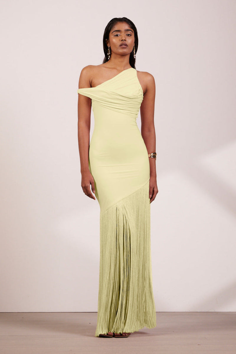 Yellow off shoulder long dress with fringes