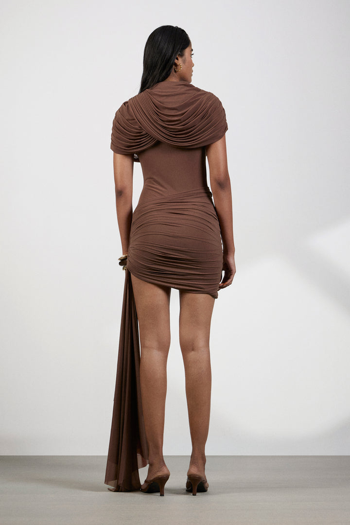 Brown draped mini dress