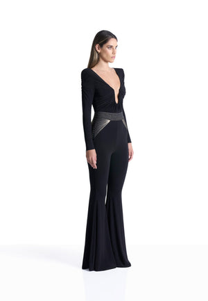 Black jersey jumpsuit with gold stitched bodice