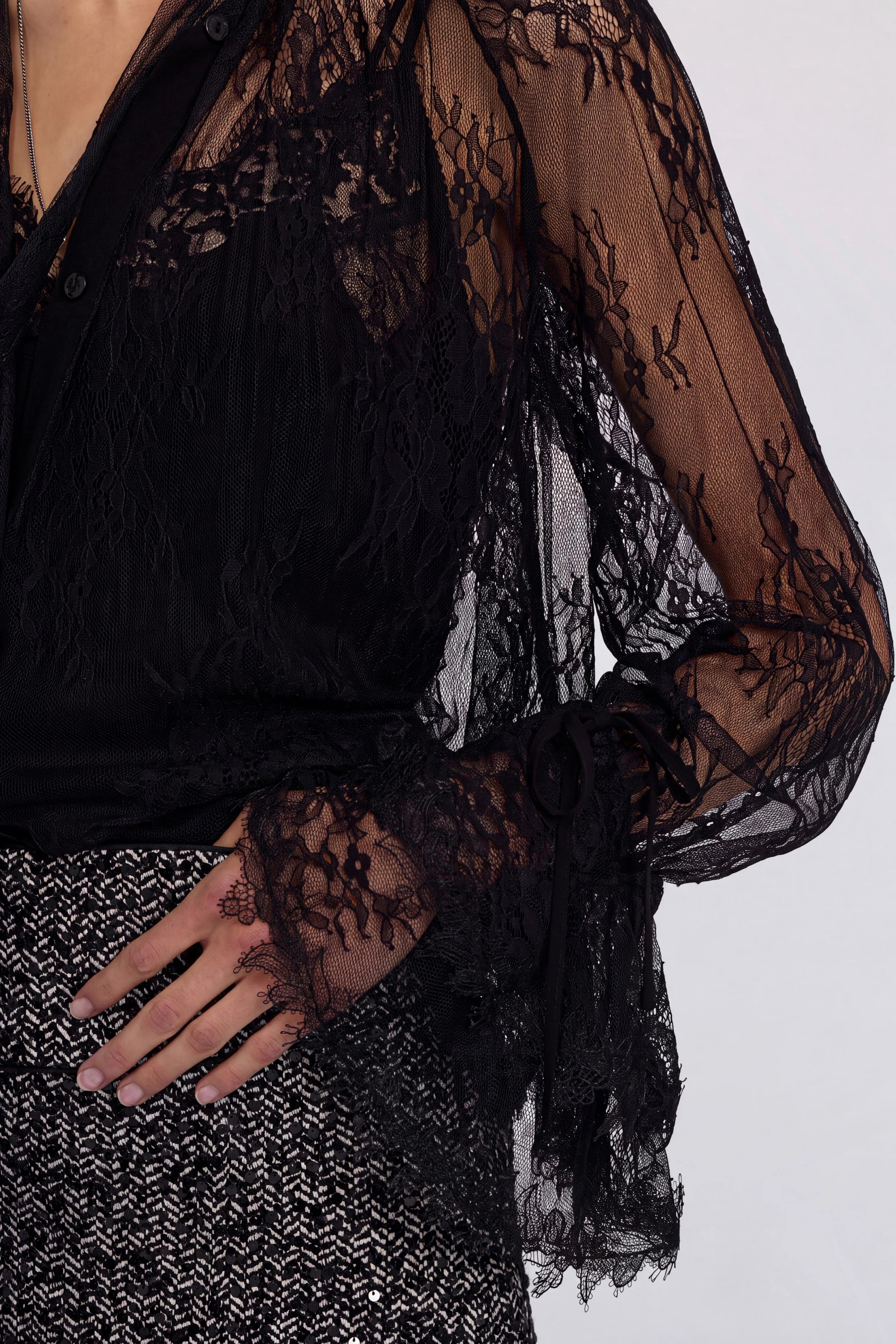 Black lace blouse with bow