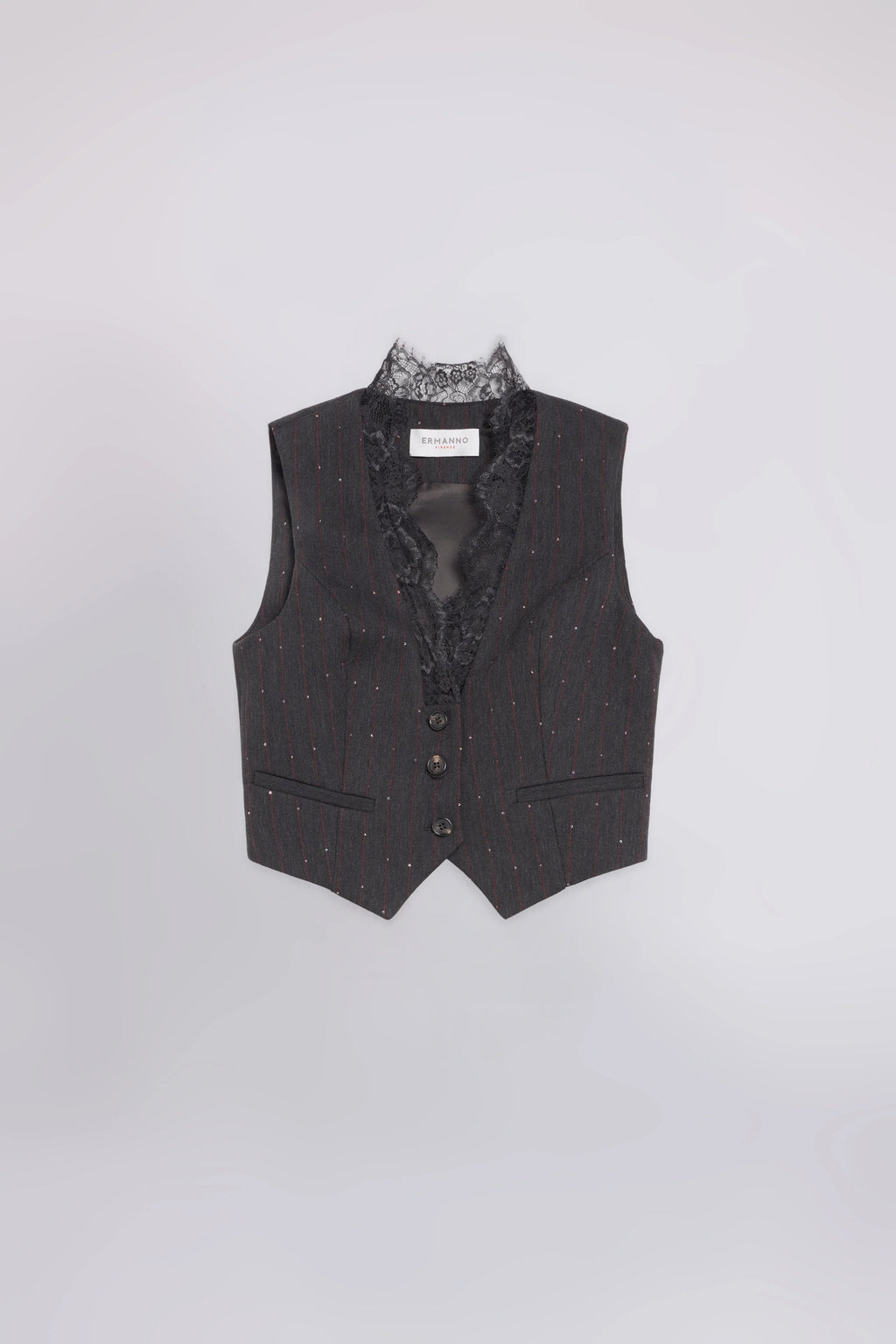 Grey pinstriped vest with lace and sequin