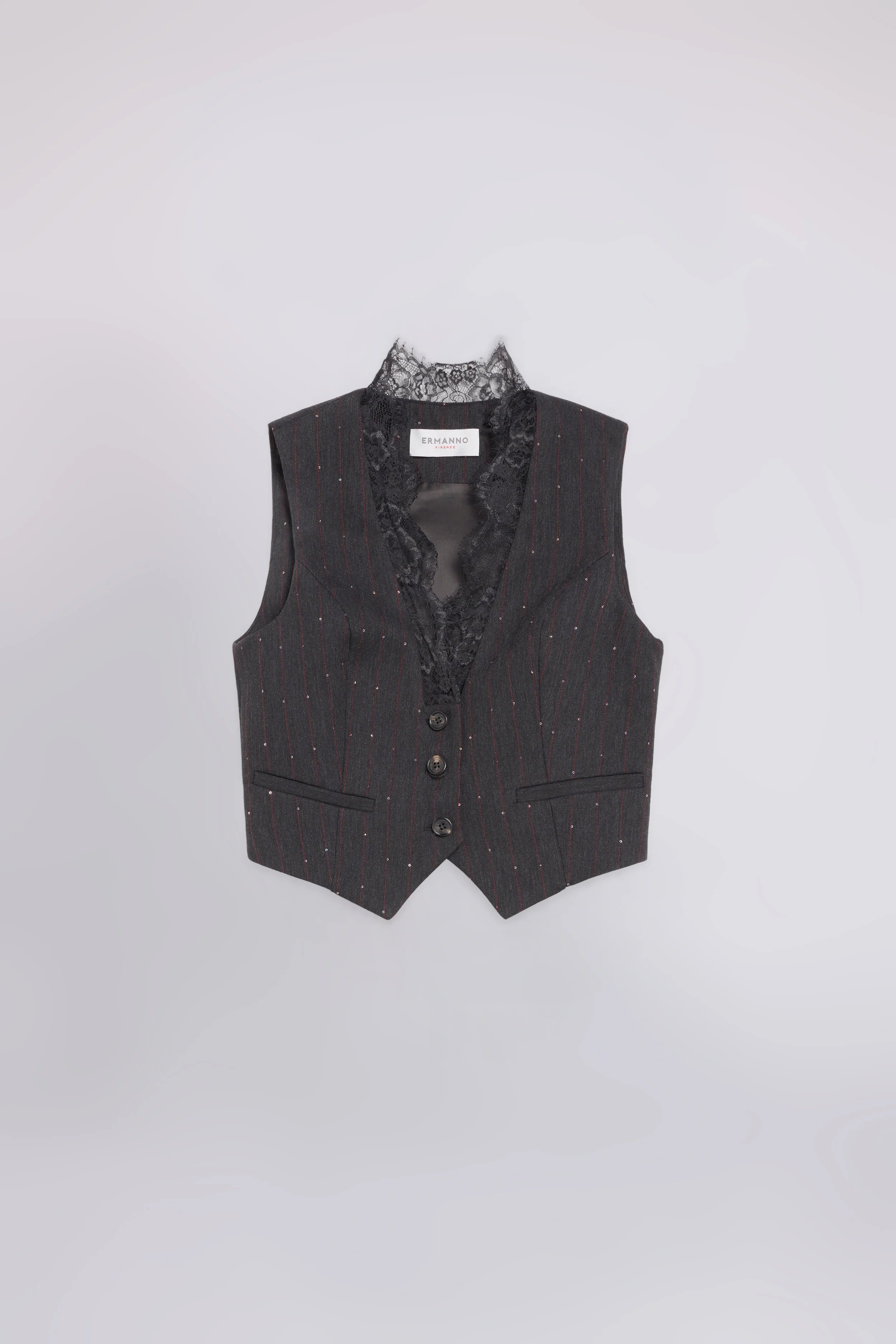 Grey pinstriped vest with lace and sequin