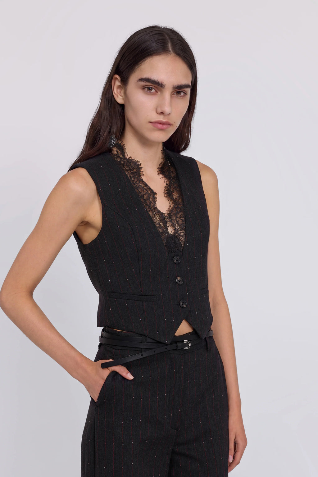 Grey pinstriped vest with lace and sequin